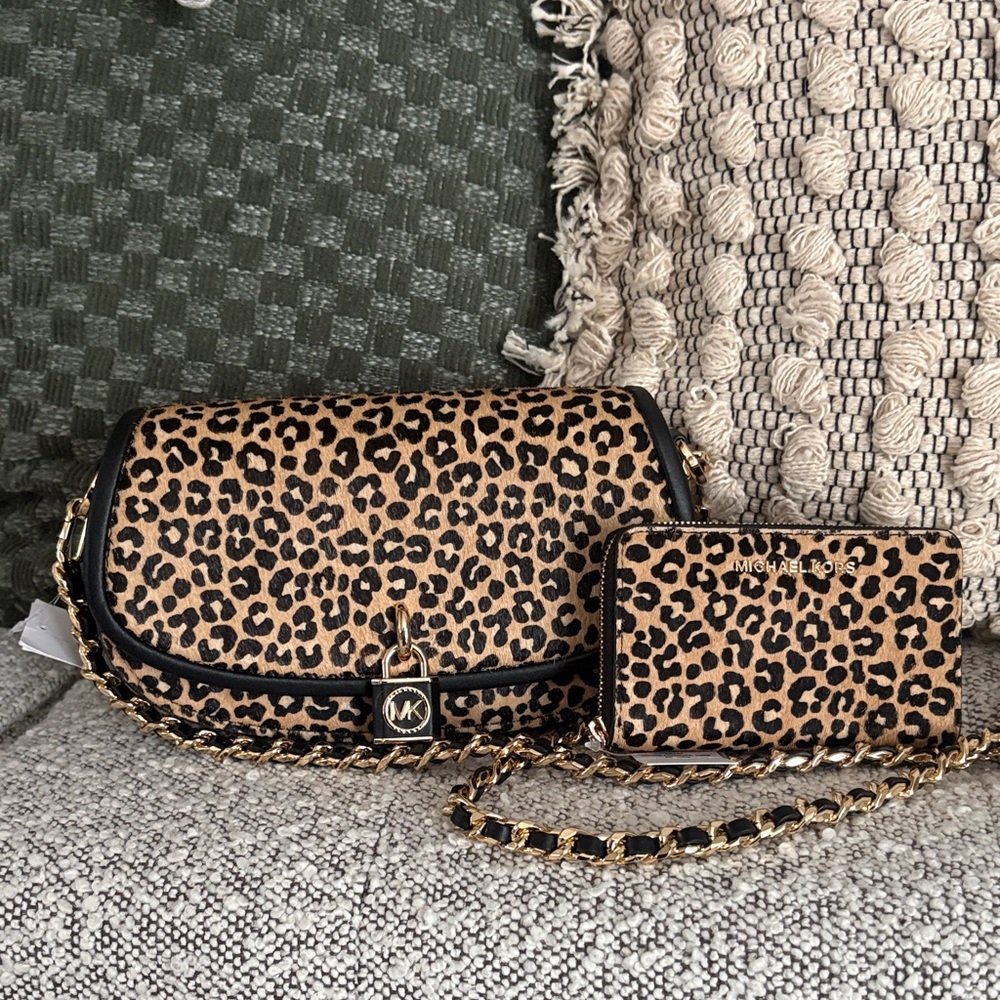 Michael Kors Leopard Print Crossbody and Card Case Set - Tan and Black